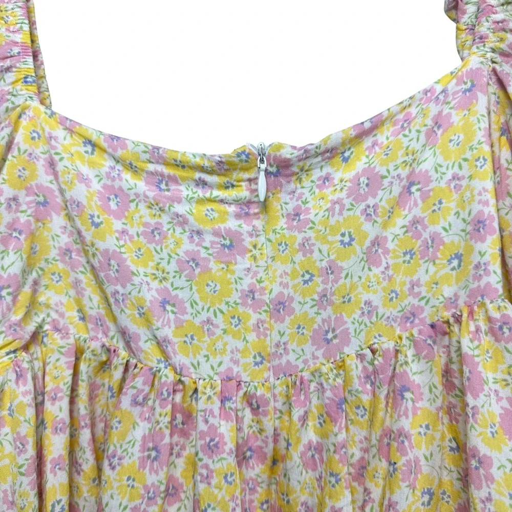 Storia Yellow Floral Puff Sleeve Babydoll Mini Dress M Square Neck Cottagecore - Picture 10 of 12